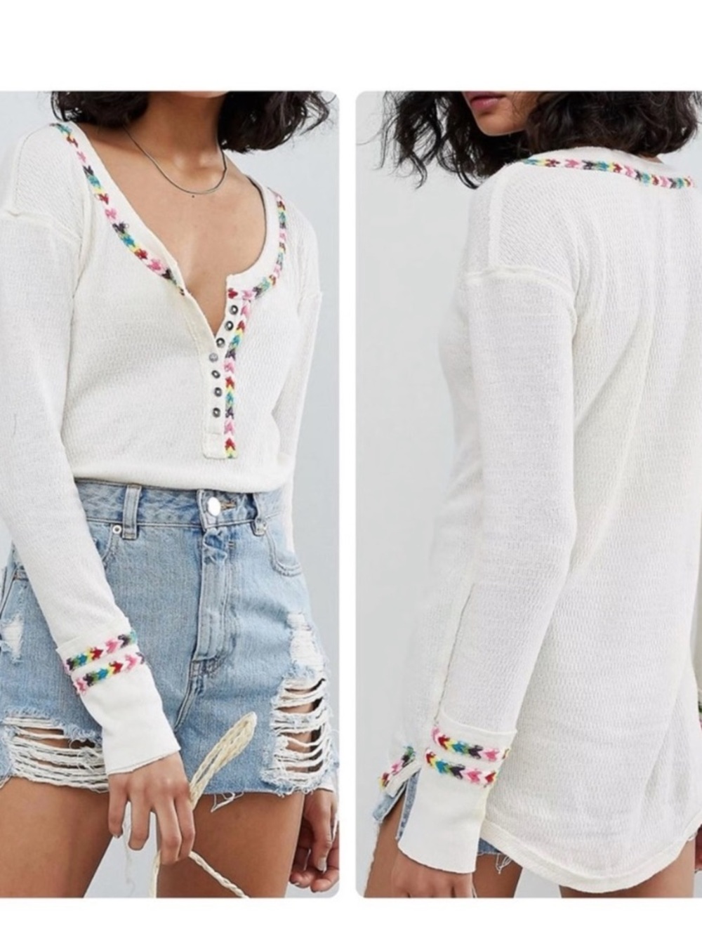 We the free Cream Long-Sleeve Waffle Knit Top with Rainbow Trim